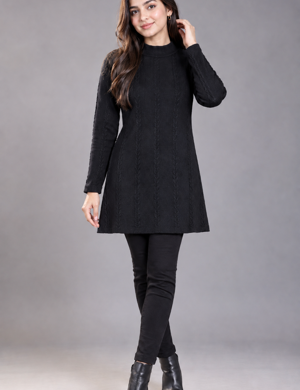 TU WOMAN Black Cable Knit Mock Neck Sweater Dress in UK Size M. Long sleeve A-line design with textured knit detailing, perfect for stylish everyday and winter wear.