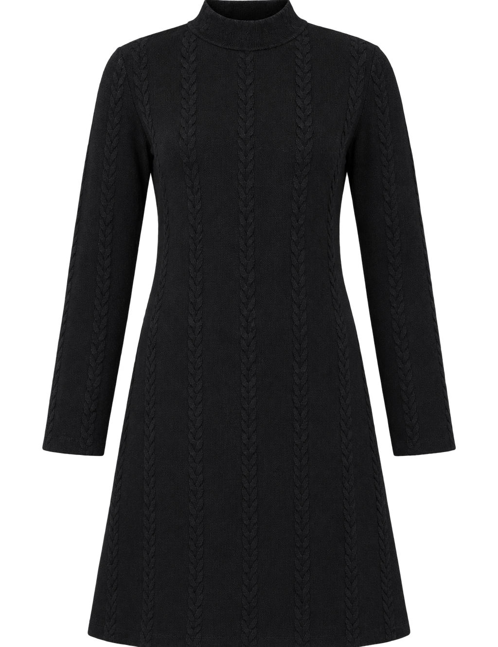 TU WOMAN Black Cable Knit Mock Neck Sweater Dress in UK Size M. Long sleeve A-line design with textured knit detailing, perfect for stylish everyday and winter wear.