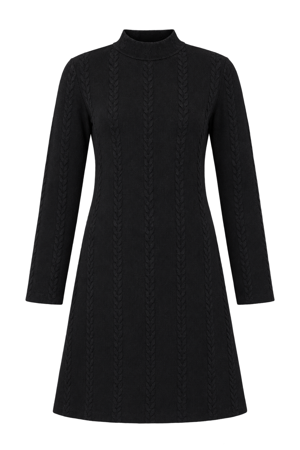 TU WOMAN Black Cable Knit Mock Neck Sweater Dress in UK Size M. Long sleeve A-line design with textured knit detailing, perfect for stylish everyday and winter wear.