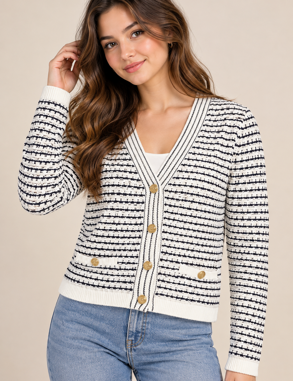 TU Woman black & cream striped knit cardigan in UK Size M, featuring a V-neck, gold-tone buttons and stylish front pockets.