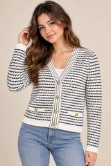 TU Woman Black & Cream Striped Knit Cardigan with Gold Buttons