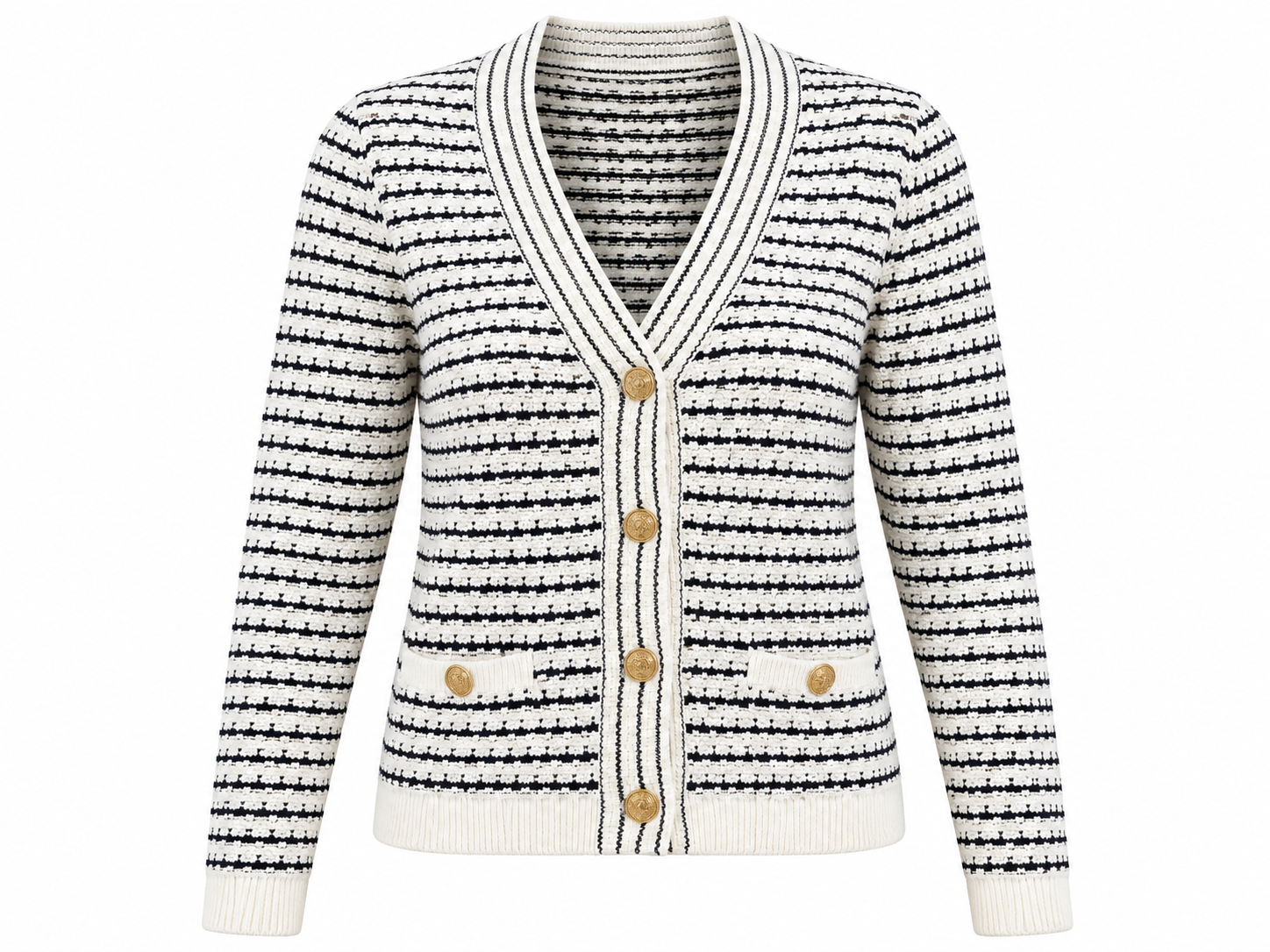 TU Woman black & cream striped knit cardigan in UK Size M, featuring a V-neck, gold-tone buttons and stylish front pockets.