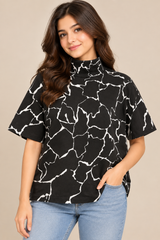 TU WOMAN Black & White Abstract Print High Neck Top