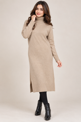TU WOMAN Women Beige Turtleneck Knitted Midi Dress