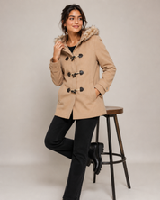  Tu Women beige duffle coat in UK size 18 with faux-fur hood, toggle fastenings and practical pockets. A stylish and cosy winter coat for women.