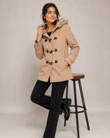 Tu Women Beige Duffle Coat with Faux Fur Hood