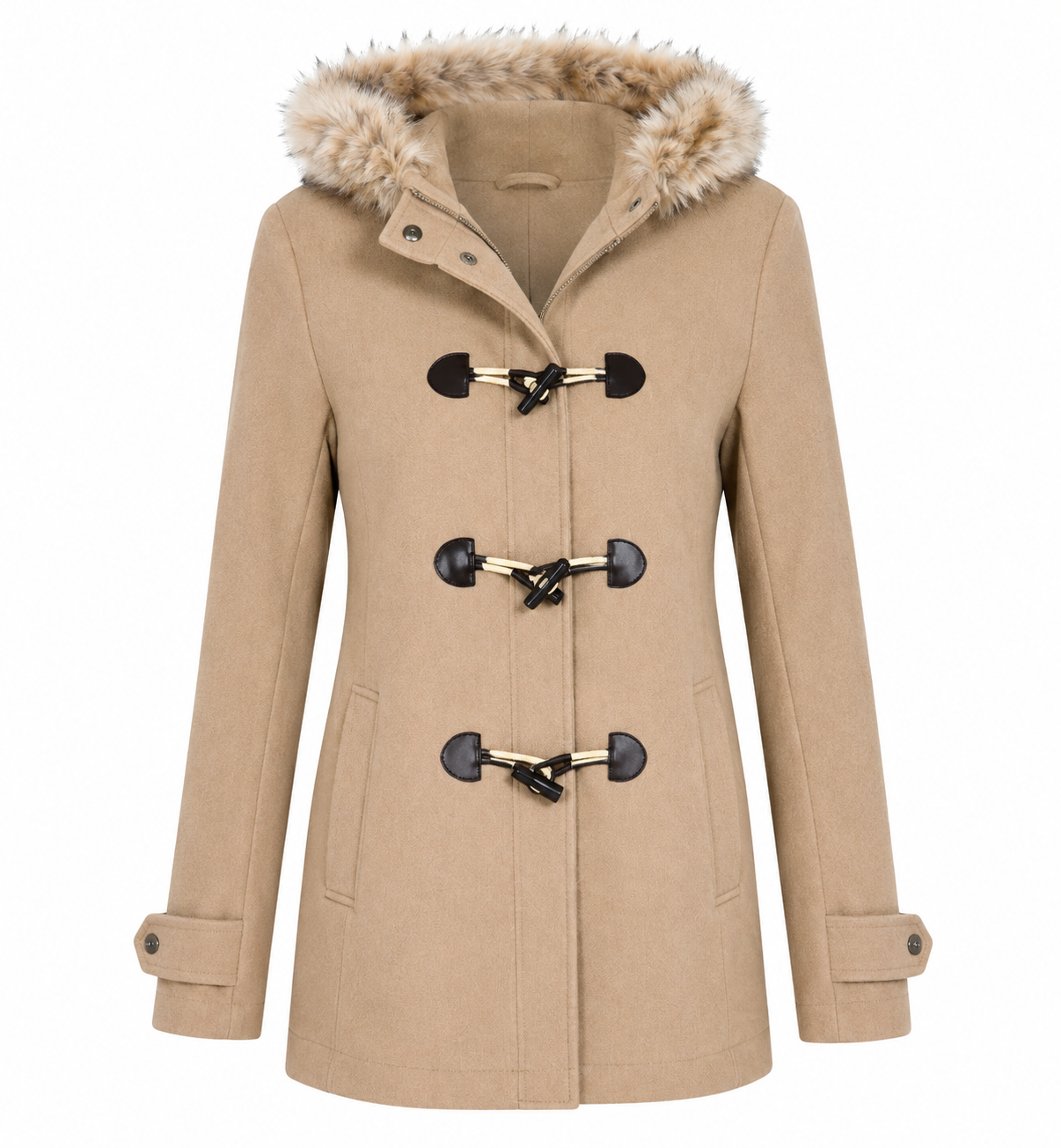  Tu Women beige duffle coat in UK size 18 with faux-fur hood, toggle fastenings and practical pockets. A stylish and cosy winter coat for women.