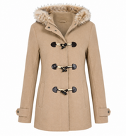  Tu Women beige duffle coat in UK size 18 with faux-fur hood, toggle fastenings and practical pockets. A stylish and cosy winter coat for women.