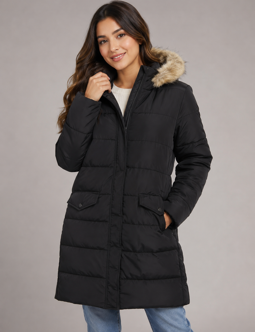  TU Women Black Quilted Puffer Coat with Faux Fur Hood in UK Size 12. Stylish, warm and practical winter coat with padded design and pockets.