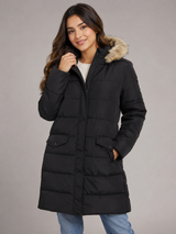 TU Women Black Quilted Puffer Coat with Faux Fur Hood