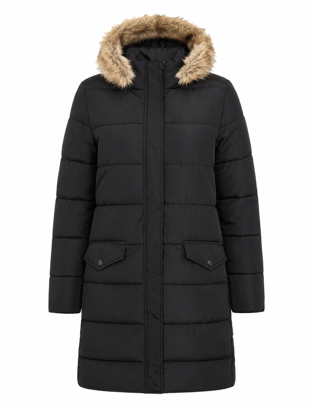  TU Women Black Quilted Puffer Coat with Faux Fur Hood in UK Size 12. Stylish, warm and practical winter coat with padded design and pockets.