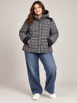TU Women Black & White Textured Hooded Puffer Jacket
