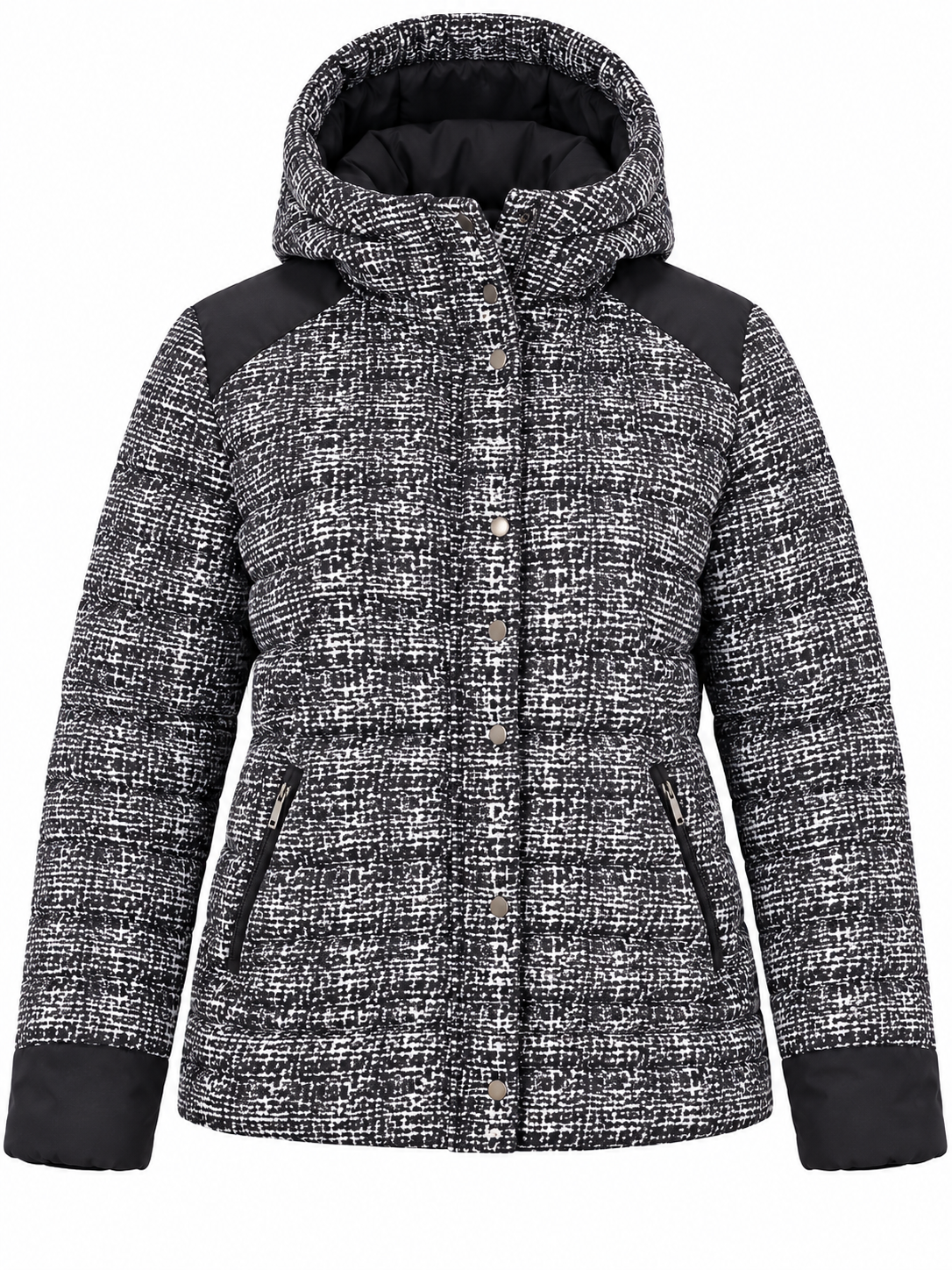 TU Women Black & White Hooded Puffer Jacket in UK Size 3XL. Stylish quilted winter coat with zip pockets, padded design and comfortable plus-size fit.