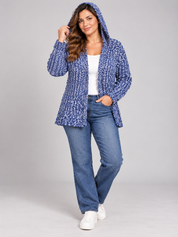 TU Women's Blue & White Marled Knit Hooded Cardigan in UK Size 18. Cosy open-front design with long sleeves, perfect for casual autumn and winter wear.