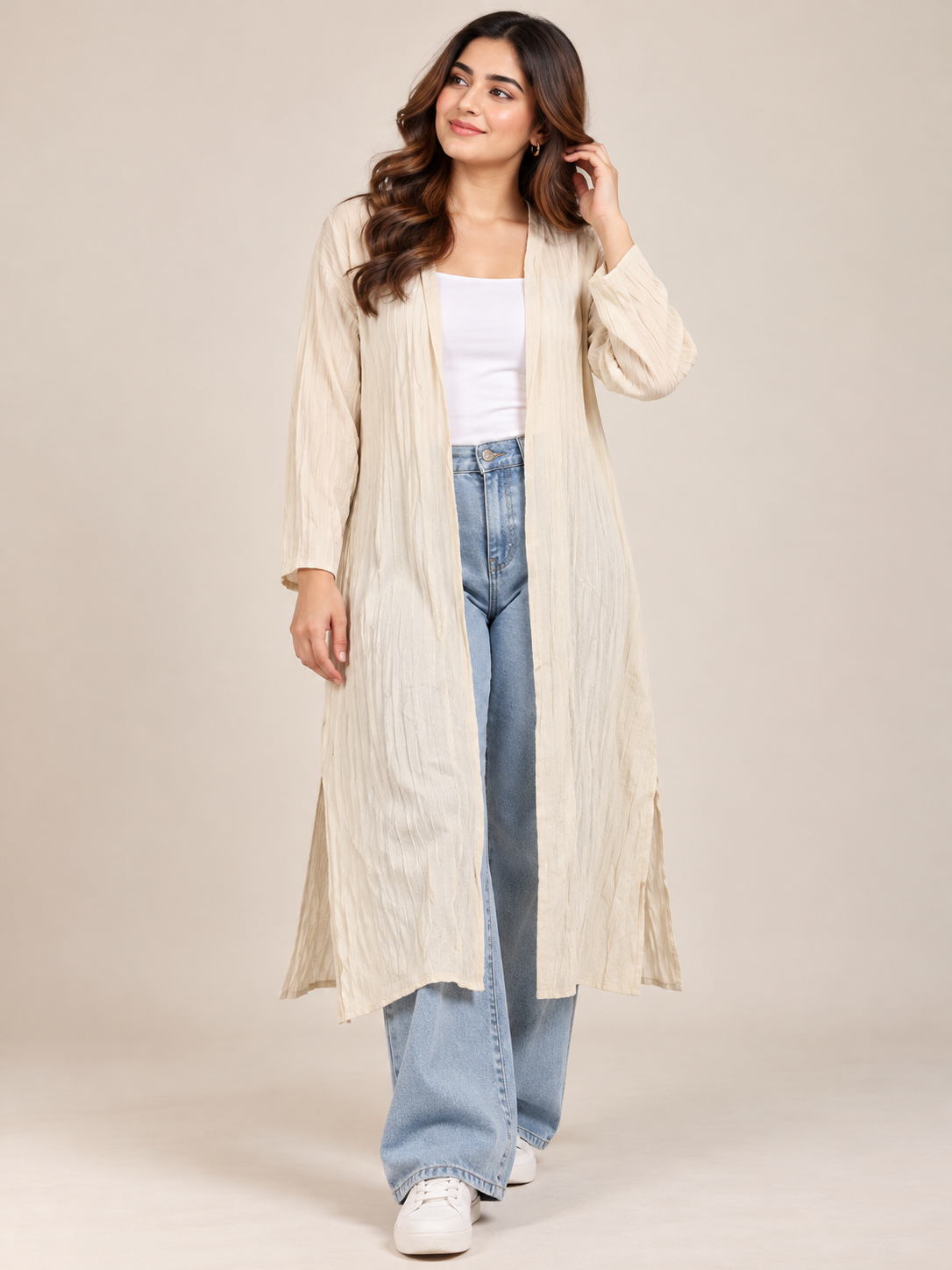  TU Women's Cream Crinkle Textured Longline Open Front Cardigan in UK Size L. Elegant, relaxed-fit layering piece for casual and smart outfits.