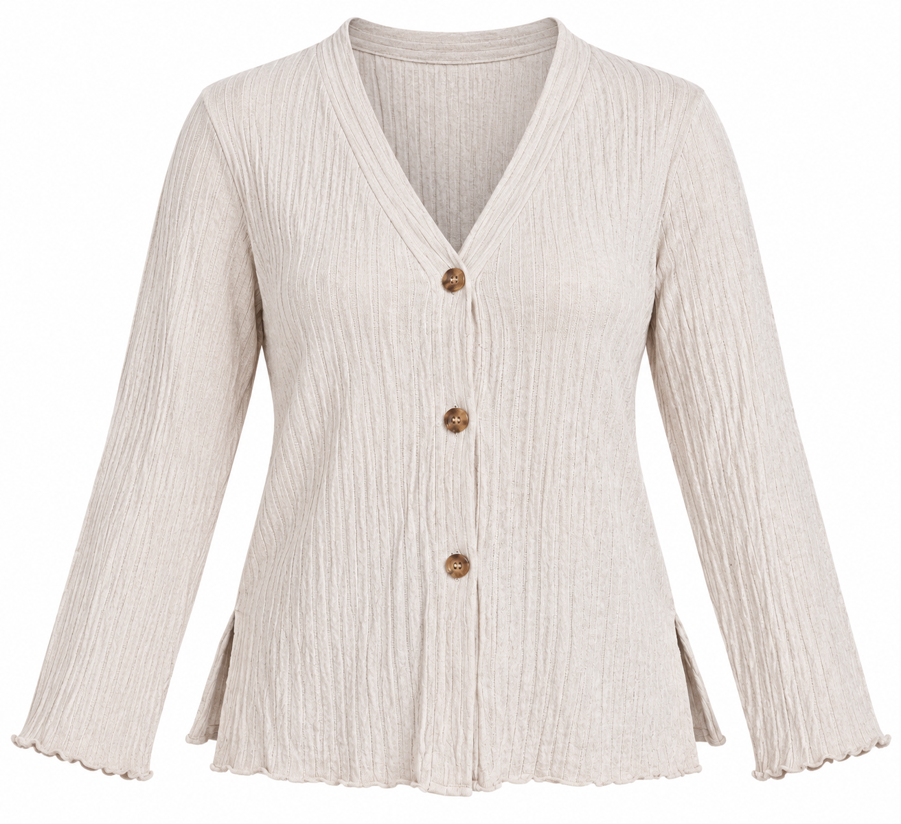  TU Women Cream Ribbed Cardigan in UK Size 24. Features a V-neck, button front, long sleeves and stylish side slits. Comfortable plus-size fashion.
