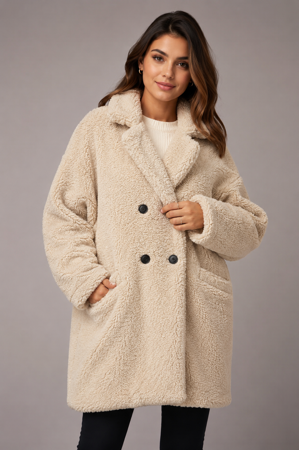 TU Women Cream Teddy Borg Fleece Coat in UK Size 20. Soft, warm and stylish winter coat with double-breasted design, lapel collar and pockets. ⭐ 4/5 rating.