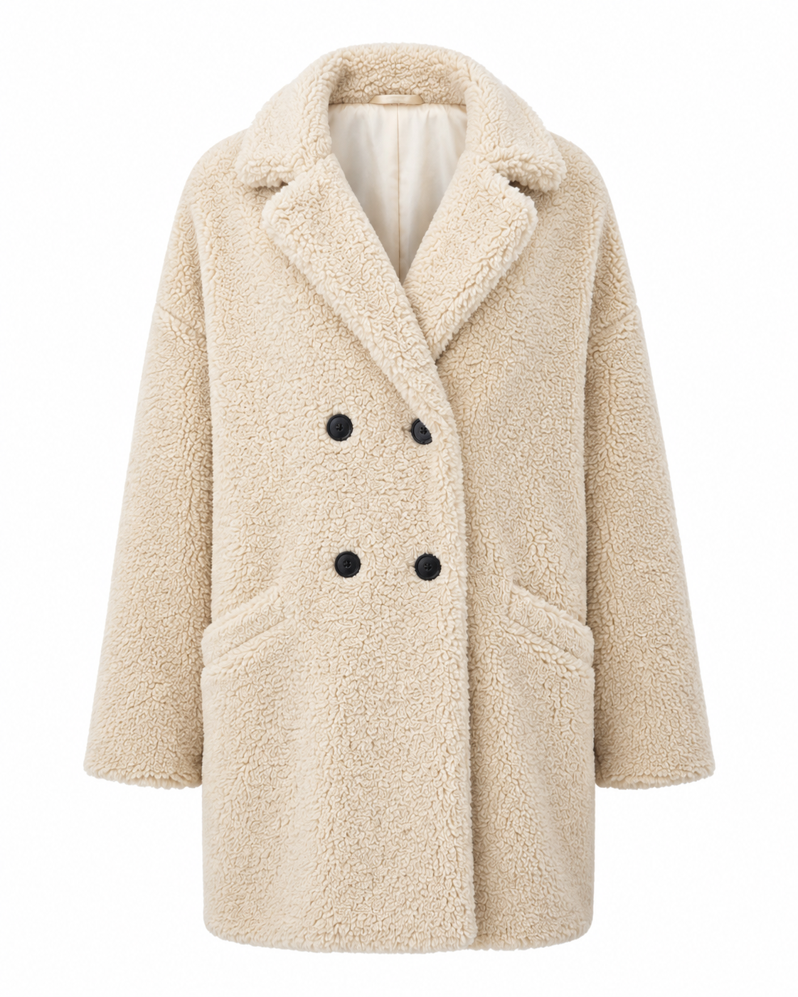 TU Women Cream Teddy Borg Fleece Coat in UK Size 20. Soft, warm and stylish winter coat with double-breasted design, lapel collar and pockets. ⭐ 4/5 rating.