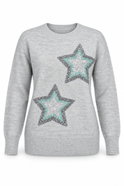   TU women’s grey sparkle star knit jumper in UK size 14, featuring silver and mint star detailing, long sleeves and a classic crew neck.