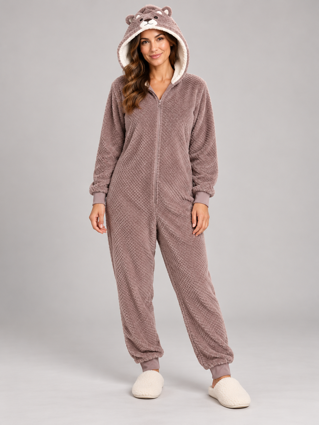     TU Women’s taupe fleece onesie, UK L, featuring an animal-face hood, cream lining, front zip and ribbed cuffs. Ideal for lounging.