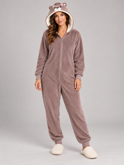     TU Women’s taupe fleece onesie, UK L, featuring an animal-face hood, cream lining, front zip and ribbed cuffs. Ideal for lounging.