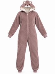  TU Women’s taupe fleece onesie, UK L, featuring an animal-face hood, cream lining, front zip and ribbed cuffs. Ideal for lounging.