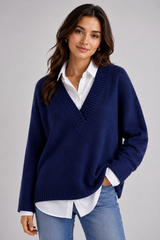 TU Women Navy Blue V-Neck Knit Sweater