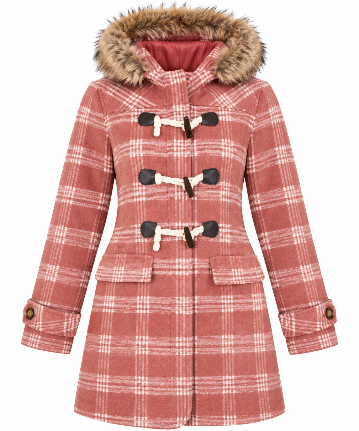  TU Women’s Pink Check Duffle Coat UK Size 8 featuring a faux-fur hood, toggle fastening and front pockets. Stylish winter outerwear.