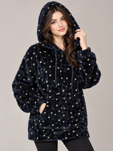 Tu Women’s Navy Blue Plush Star Print Hooded Hoodie
