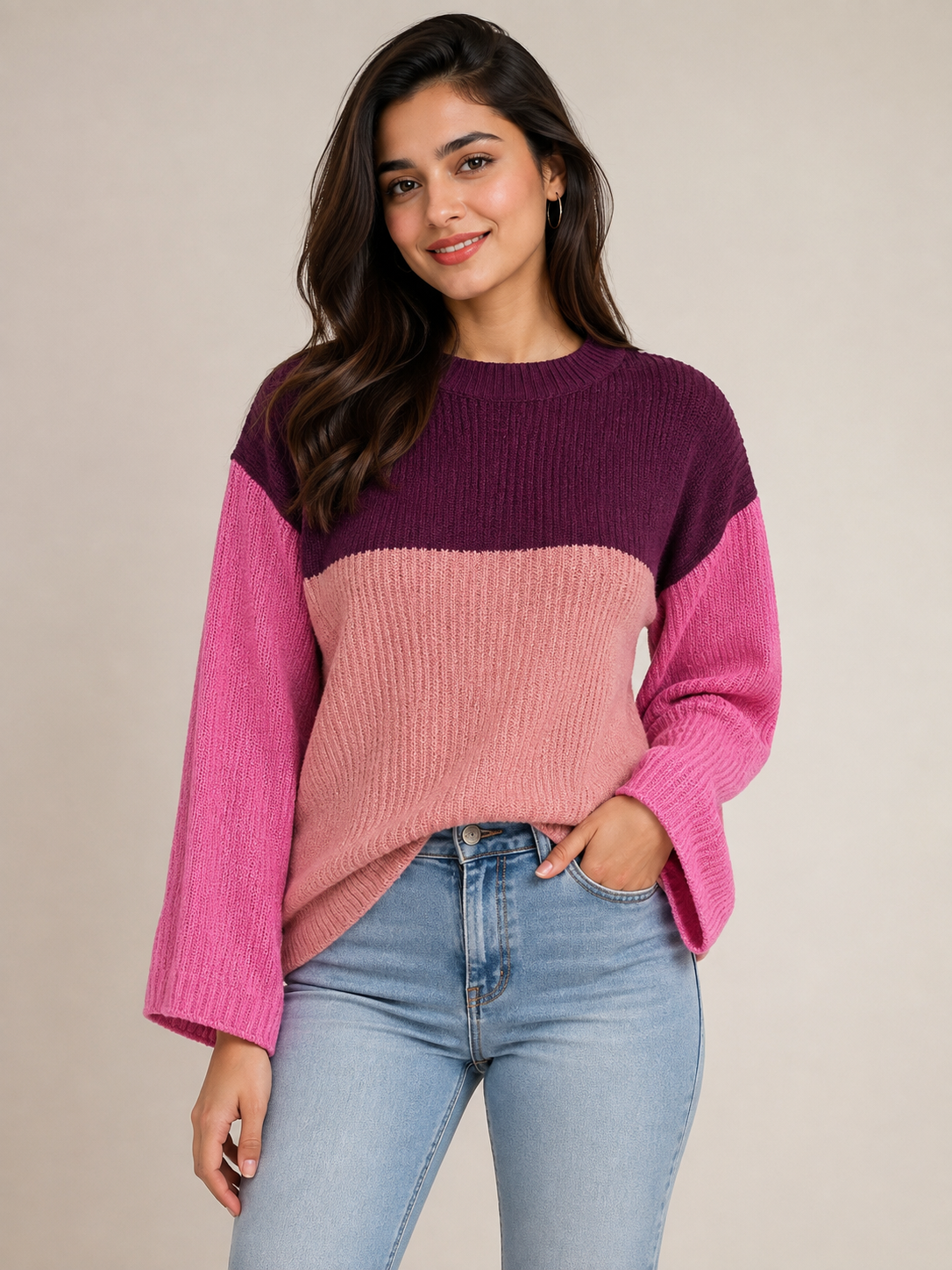  TU women’s colour block chunky knit jumper in plum, pink and dusty pink. Cosy ribbed design with long sleeves, UK Size XL, perfect for casual winter outfits.