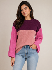  TU women’s colour block chunky knit jumper in plum, pink and dusty pink. Cosy ribbed design with long sleeves, UK Size XL, perfect for casual winter outfits.