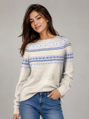  Tu women’s cream and blue Fair Isle knitted jumper, UK size S. Stylish long-sleeve winter sweater with a classic Nordic-inspired pattern.