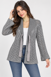  Tu women’s grey open-knit cardigan in UK Size M, featuring a textured knit design, shawl collar, ribbon tie and stylish long sleeves.