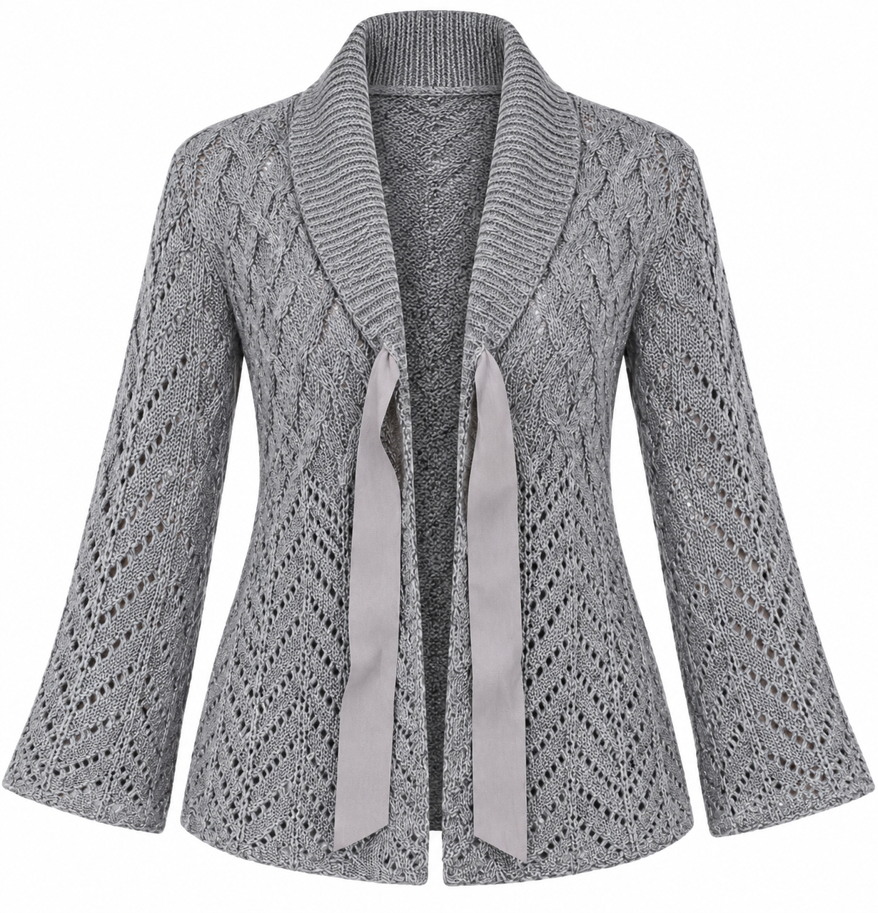  Tu women’s grey open-knit cardigan in UK Size M, featuring a textured knit design, shawl collar, ribbon tie and stylish long sleeves.