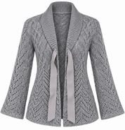  Tu women’s grey open-knit cardigan in UK Size M, featuring a textured knit design, shawl collar, ribbon tie and stylish long sleeves.