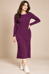 Tu Women’s Plum Purple Ribbed Long Sleeve Midi Dress