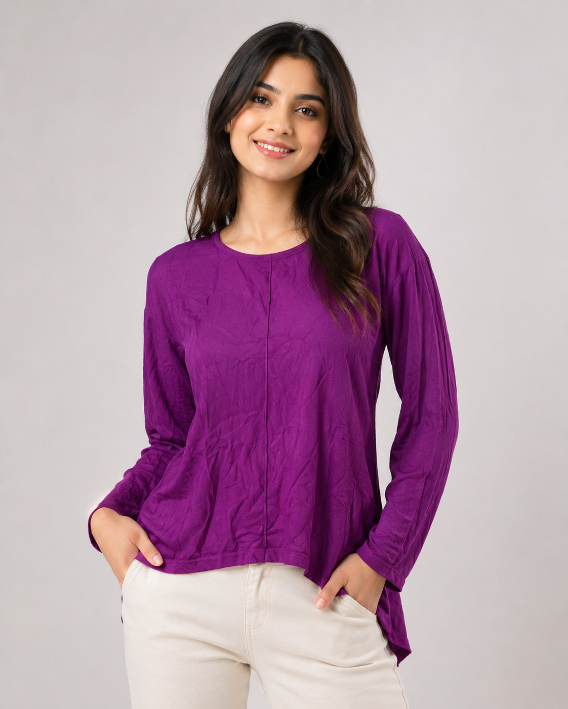 TU women’s purple long sleeve blouse in UK size 14. Relaxed-fit tunic top with round neck and curved hem, perfect for casual and everyday wear.