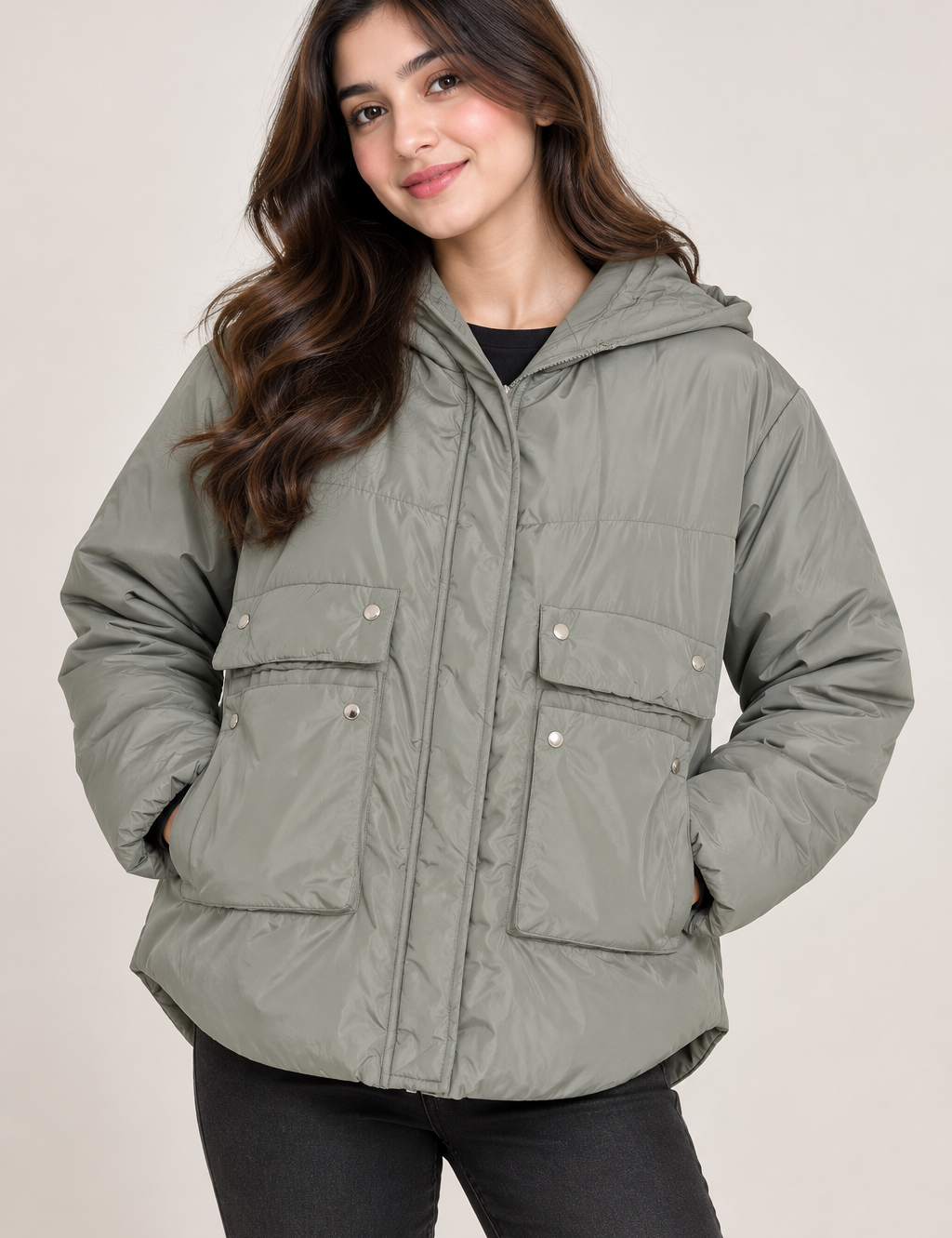 TU Women sage grey hooded puffer jacket in UK Size L. Stylish padded winter coat with utility pockets, relaxed fit and practical everyday design.