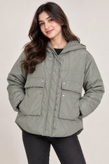 TU Women Sage Grey Hooded Puffer Jacket