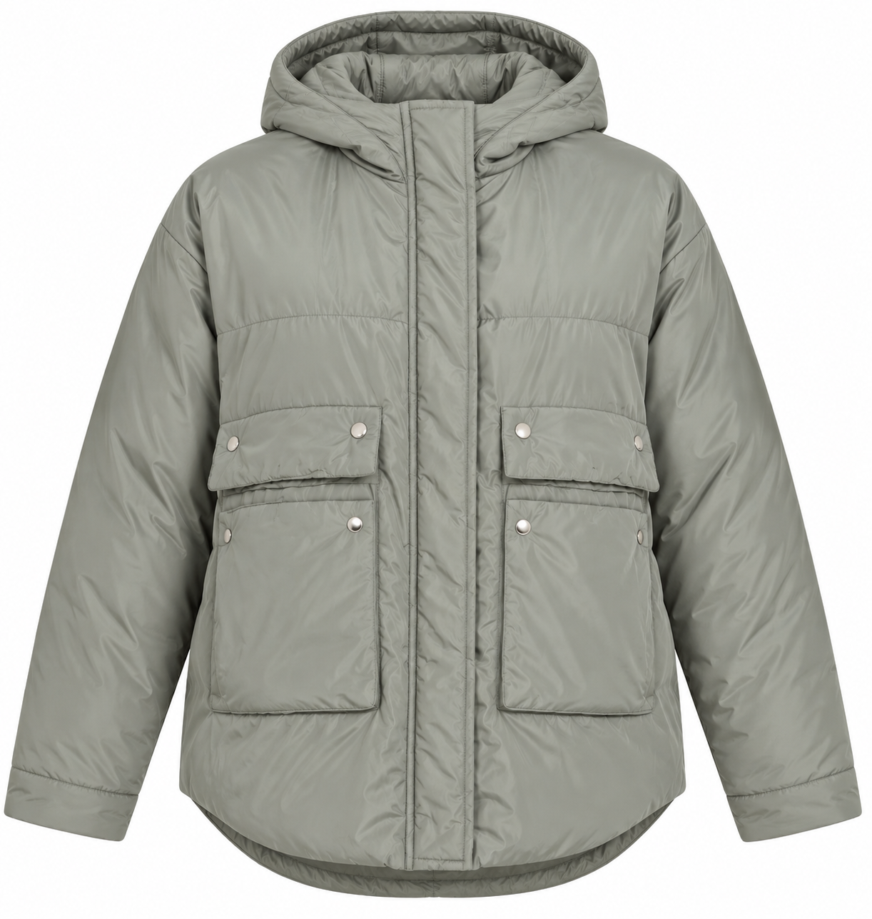 TU Women sage grey hooded puffer jacket in UK Size L. Stylish padded winter coat with utility pockets, relaxed fit and practical everyday design.