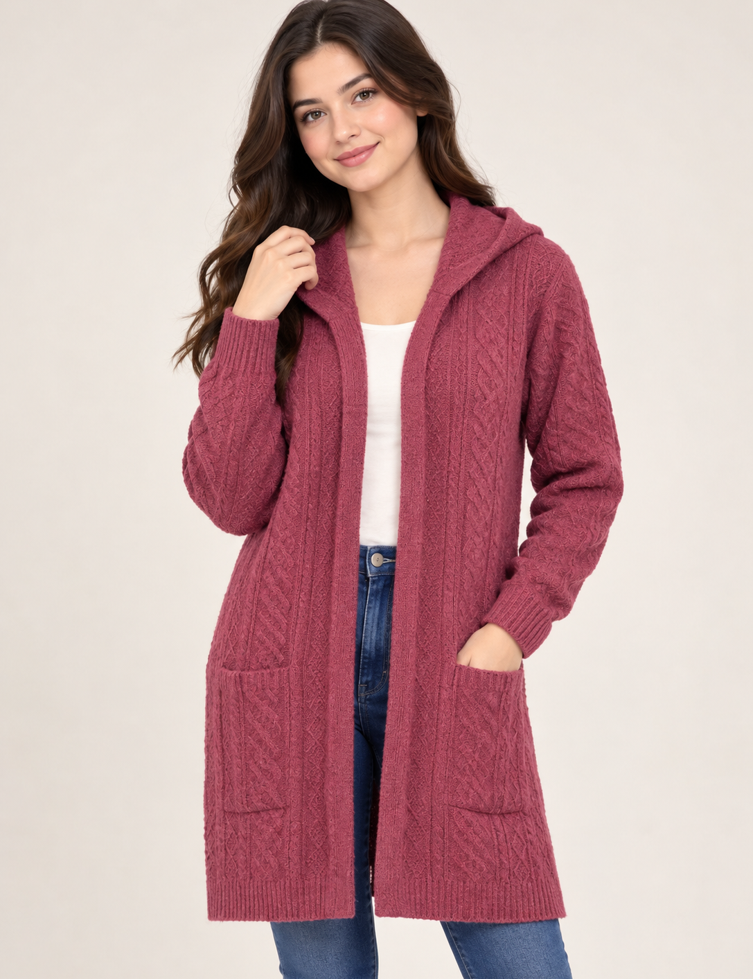  Tu Women’s dusty rose cable knit hooded longline cardigan in UK size 16. Stylish, cosy design with long sleeves, hood and practical pockets.