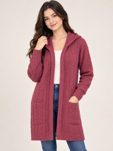 Tu Womens Dusty Rose Cable Knit Hooded Longline Cardigan