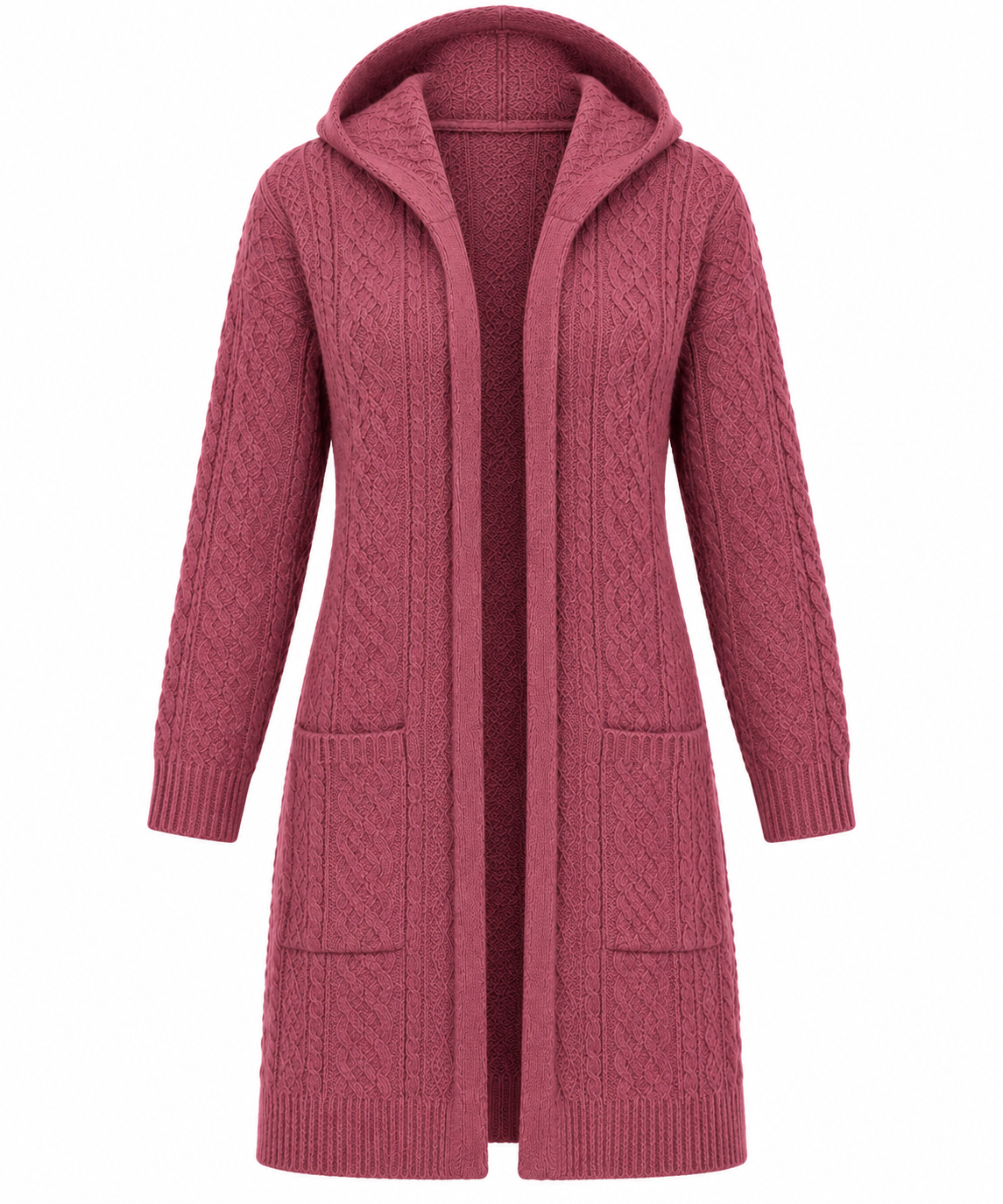  Tu Women’s dusty rose cable knit hooded longline cardigan in UK size 16. Stylish, cosy design with long sleeves, hood and practical pockets.