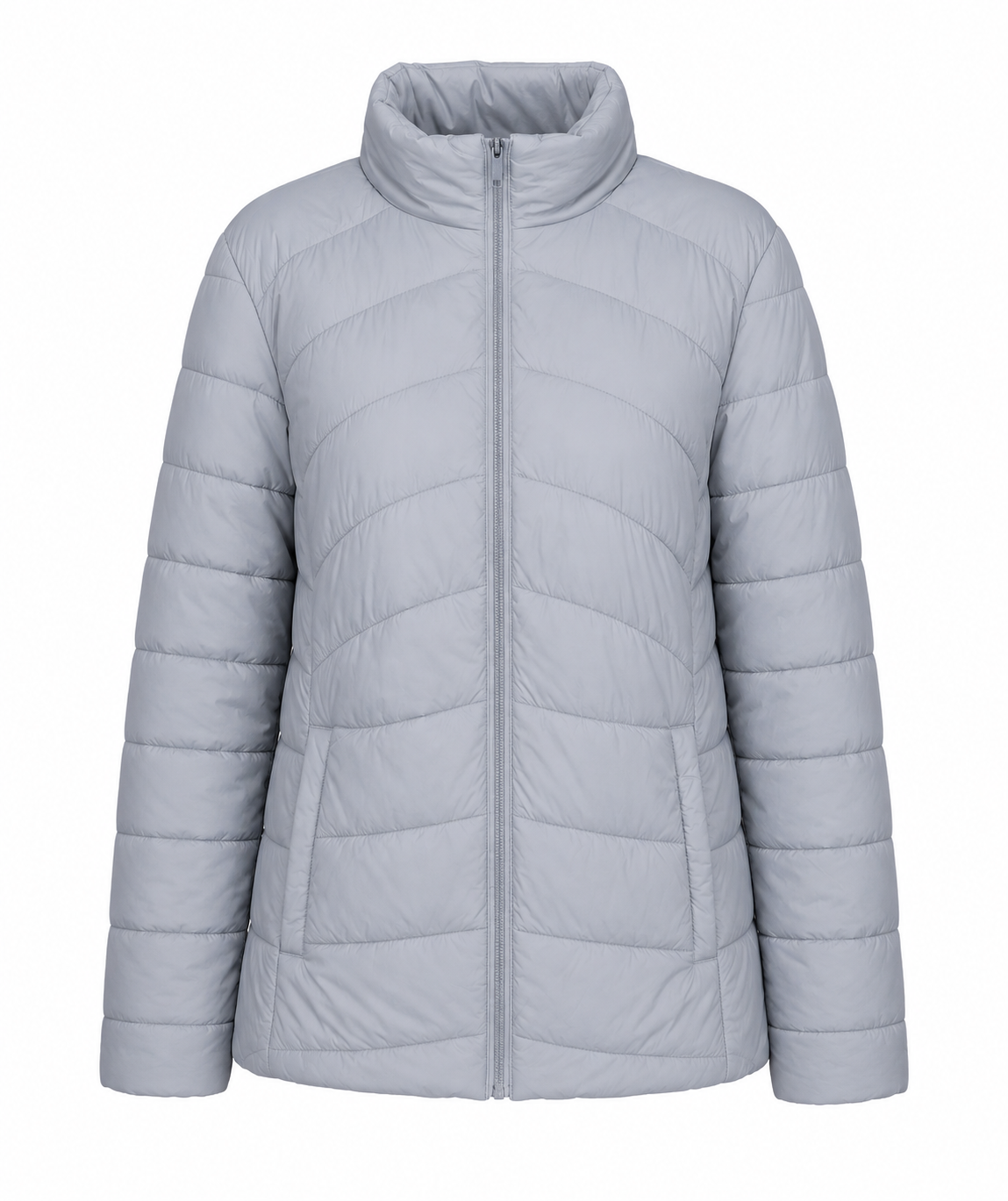  Tu Women’s Light Grey Quilted Puffer Jacket in UK Size 16. A cosy padded jacket with zip fastening, high collar, long sleeves and practical pockets.
