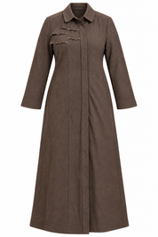  TUGBA Women's Dark Brown Long Maxi Coat in UK Size 4XL. Elegant plus-size modest outerwear with full sleeves, classic collar and stylish detailing.