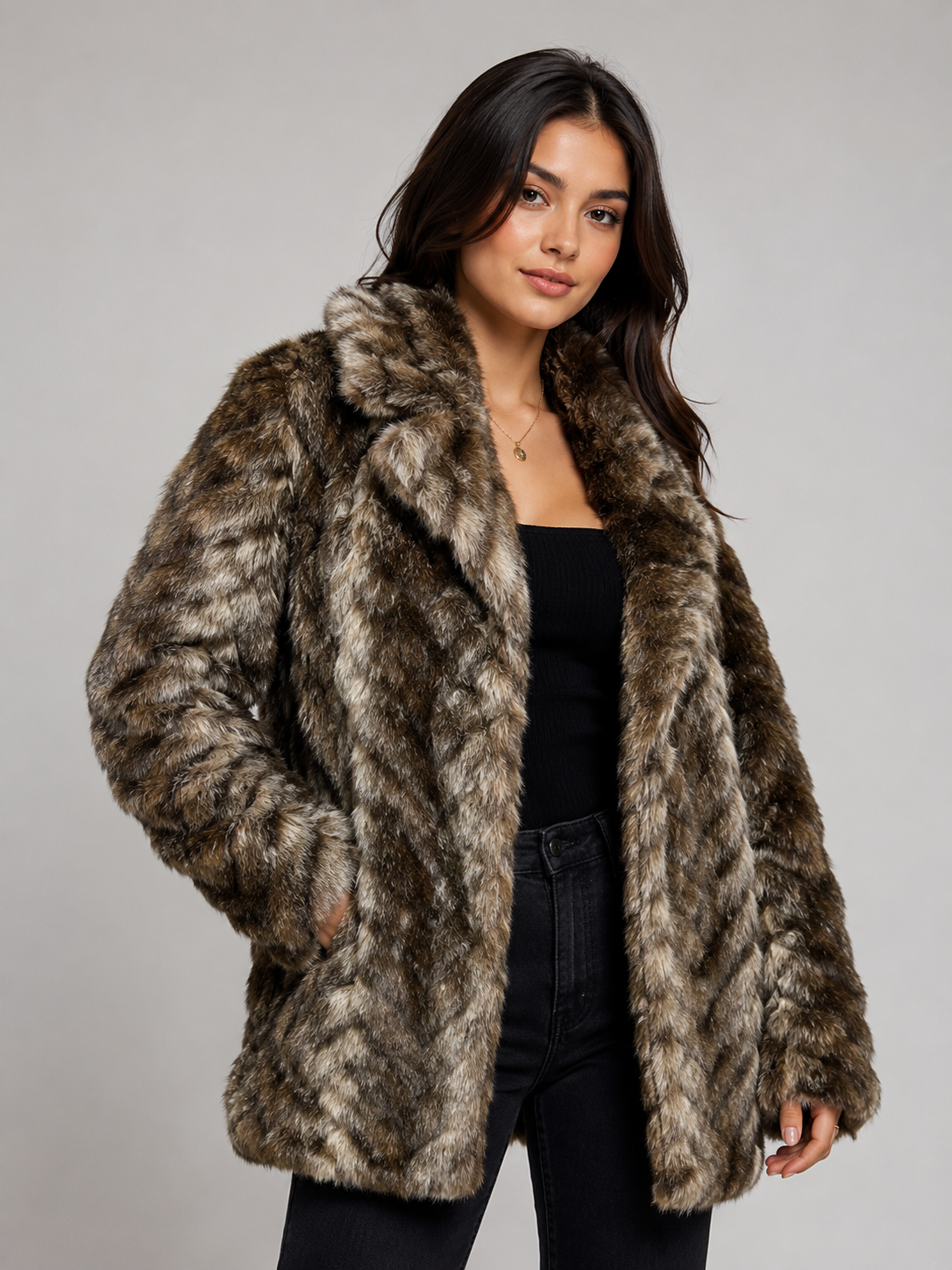 Tyber Women’s Faux Fur Coat in UK Size M. Brown and cream textured design with a luxurious burgundy lining, perfect for stylish winter outfits.