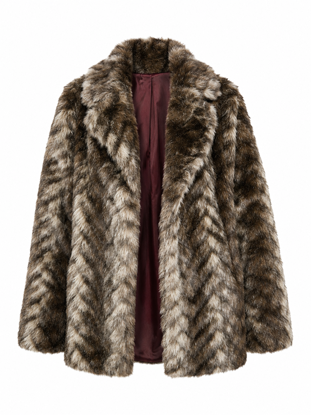 Tyber Women’s Faux Fur Coat in UK Size M. Brown and cream textured design with a luxurious burgundy lining, perfect for stylish winter outfits.