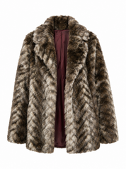 Tyber Women’s Faux Fur Coat in UK Size M. Brown and cream textured design with a luxurious burgundy lining, perfect for stylish winter outfits.