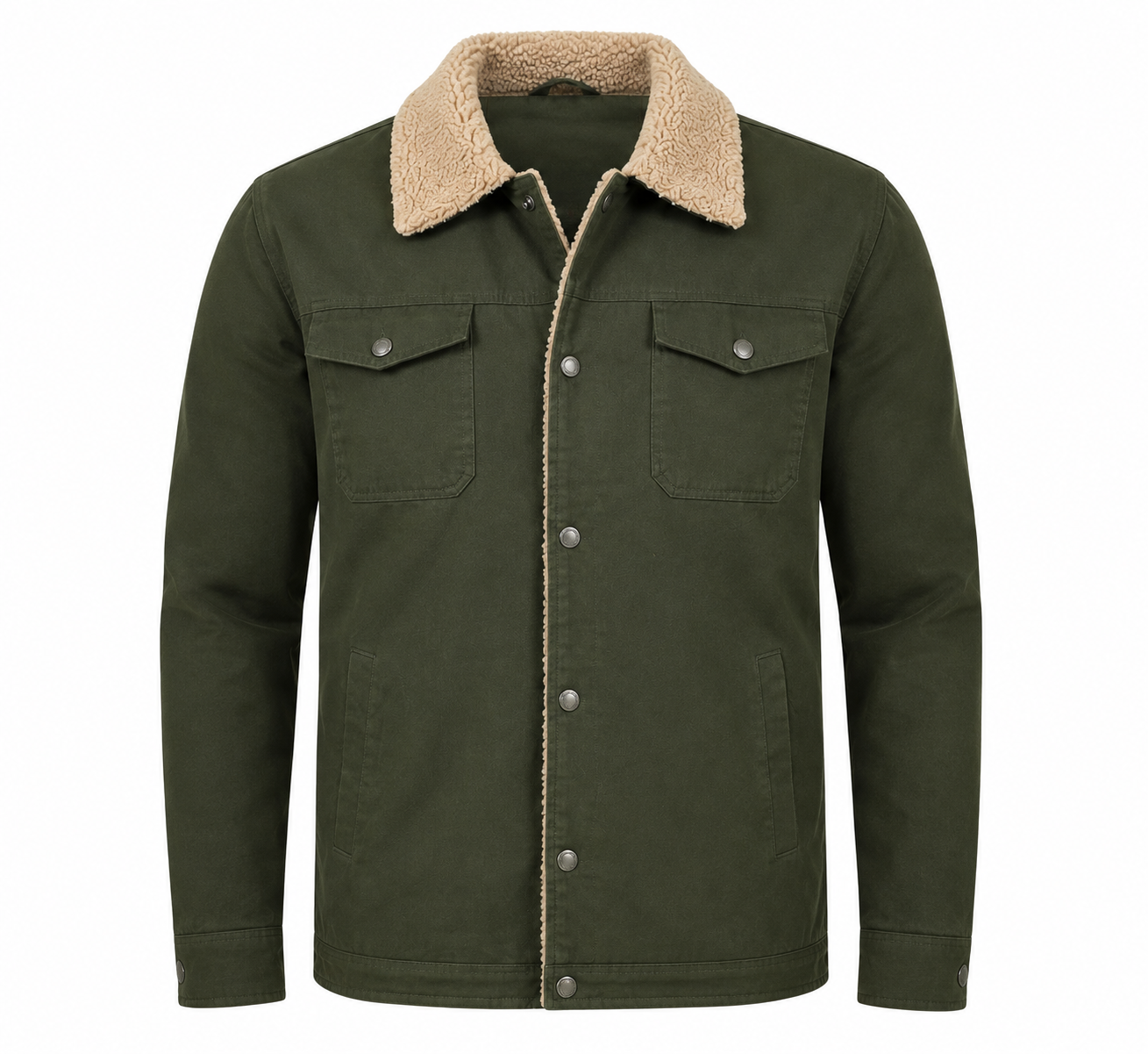  UK Hand Pick Men’s Olive Green Sherpa Collar Jacket in UK Size 3XL. Stylish utility design with snap buttons, chest pockets and warm sherpa collar.