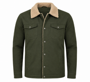  UK Hand Pick Men’s Olive Green Sherpa Collar Jacket in UK Size 3XL. Stylish utility design with snap buttons, chest pockets and warm sherpa collar.